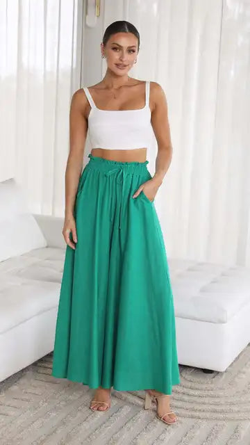 NOUVEAU RICHE Palazzo-Hose Für Damen Mit Hoher Taille Weitem Bein Elastischem Kordelzug Und Volle Länge Komfortable Mode Für Jedes Outfit Grün