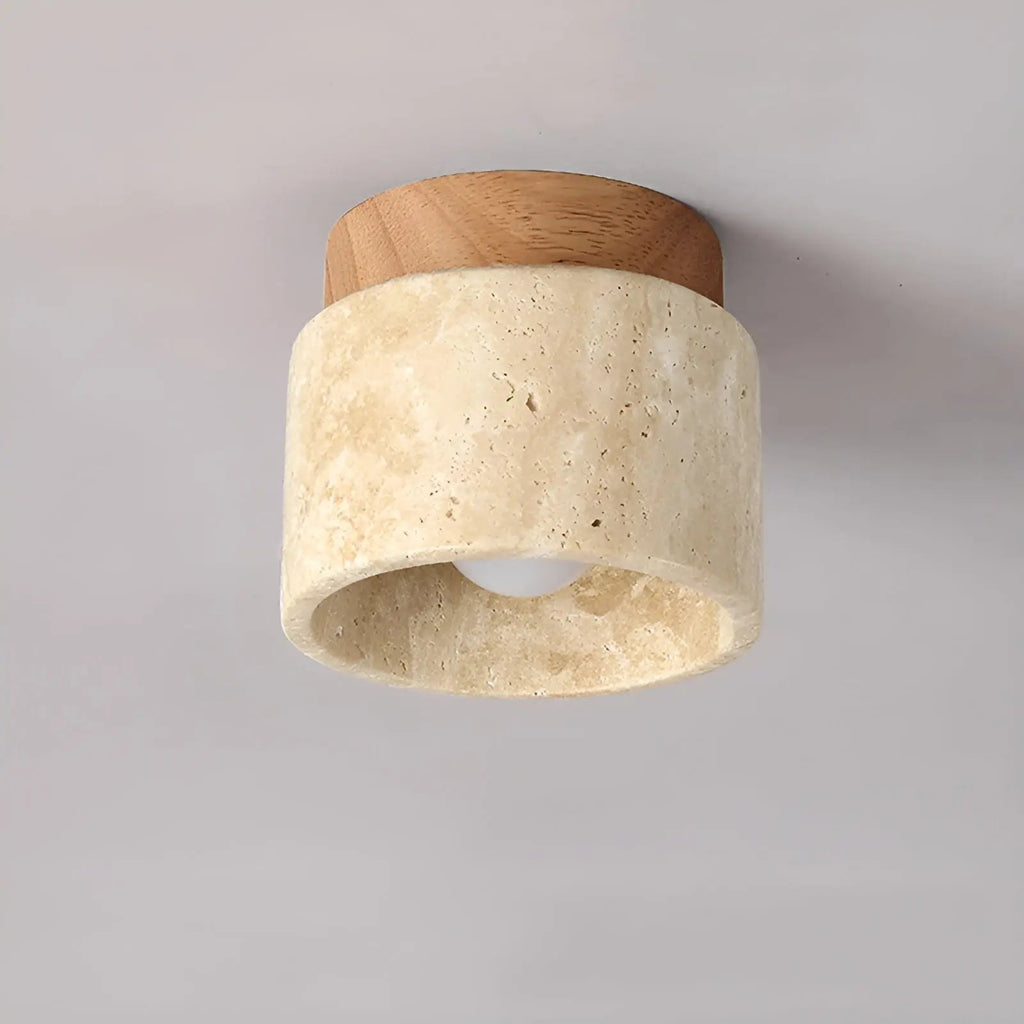 NOUVEAU RICHE Rustikale Travertin-Deckenleuchte – Wabi-Sabi Deckenlampe aus Stein & Holz, Japandi Leuchte, Walnuss oder Holz – TravaGlow