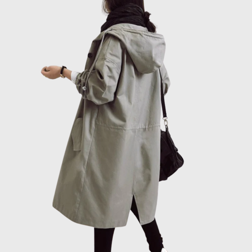 Zahara | Damen Trenchcoat Longline mit Kapuze - Langer Übergangsmantel mit Bindegürtel & Taschen