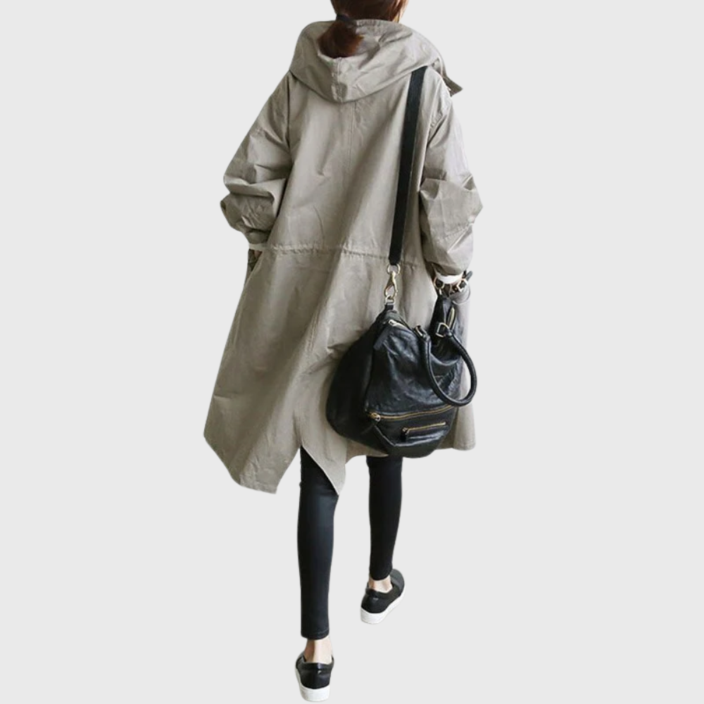 Zahara | Damen Trenchcoat Longline mit Kapuze - Langer Übergangsmantel mit Bindegürtel & Taschen
