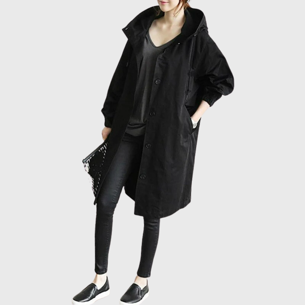 Zahara | Damen Trenchcoat Longline mit Kapuze - Langer Übergangsmantel mit Bindegürtel & Taschen