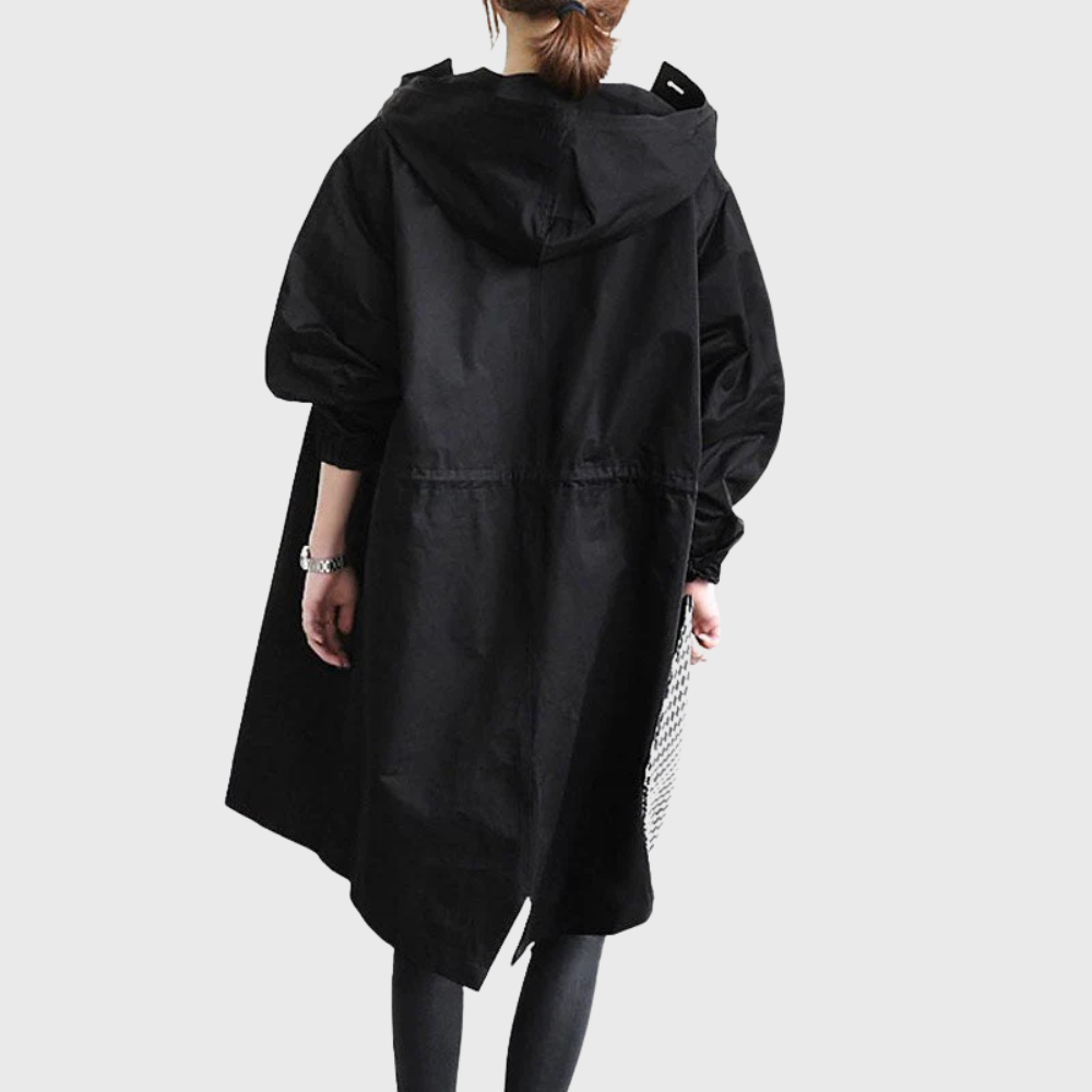 Zahara | Damen Trenchcoat Longline mit Kapuze - Langer Übergangsmantel mit Bindegürtel & Taschen