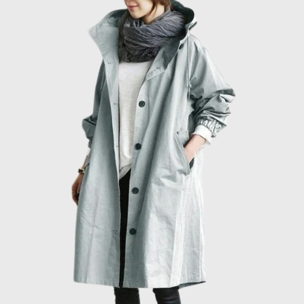 Zahara | Damen Trenchcoat Longline mit Kapuze - Langer Übergangsmantel mit Bindegürtel & Taschen