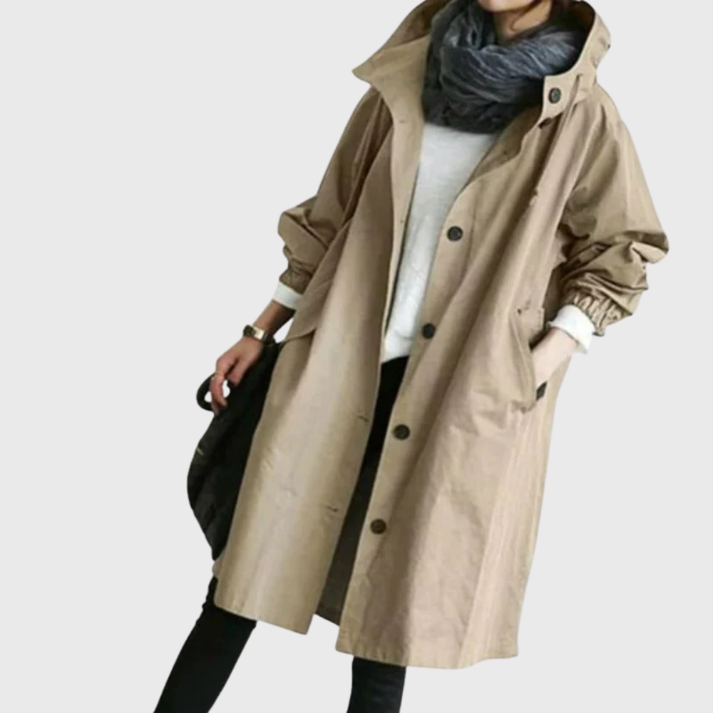 Zahara | Damen Trenchcoat Longline mit Kapuze - Langer Übergangsmantel mit Bindegürtel & Taschen
