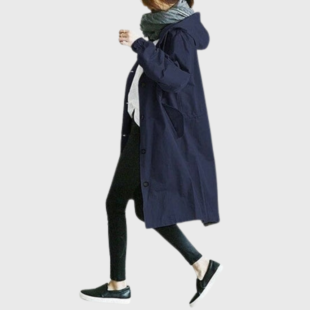 Zahara | Damen Trenchcoat Longline mit Kapuze - Langer Übergangsmantel mit Bindegürtel & Taschen
