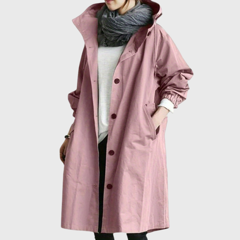 Zahara | Damen Trenchcoat Longline mit Kapuze - Langer Übergangsmantel mit Bindegürtel & Taschen