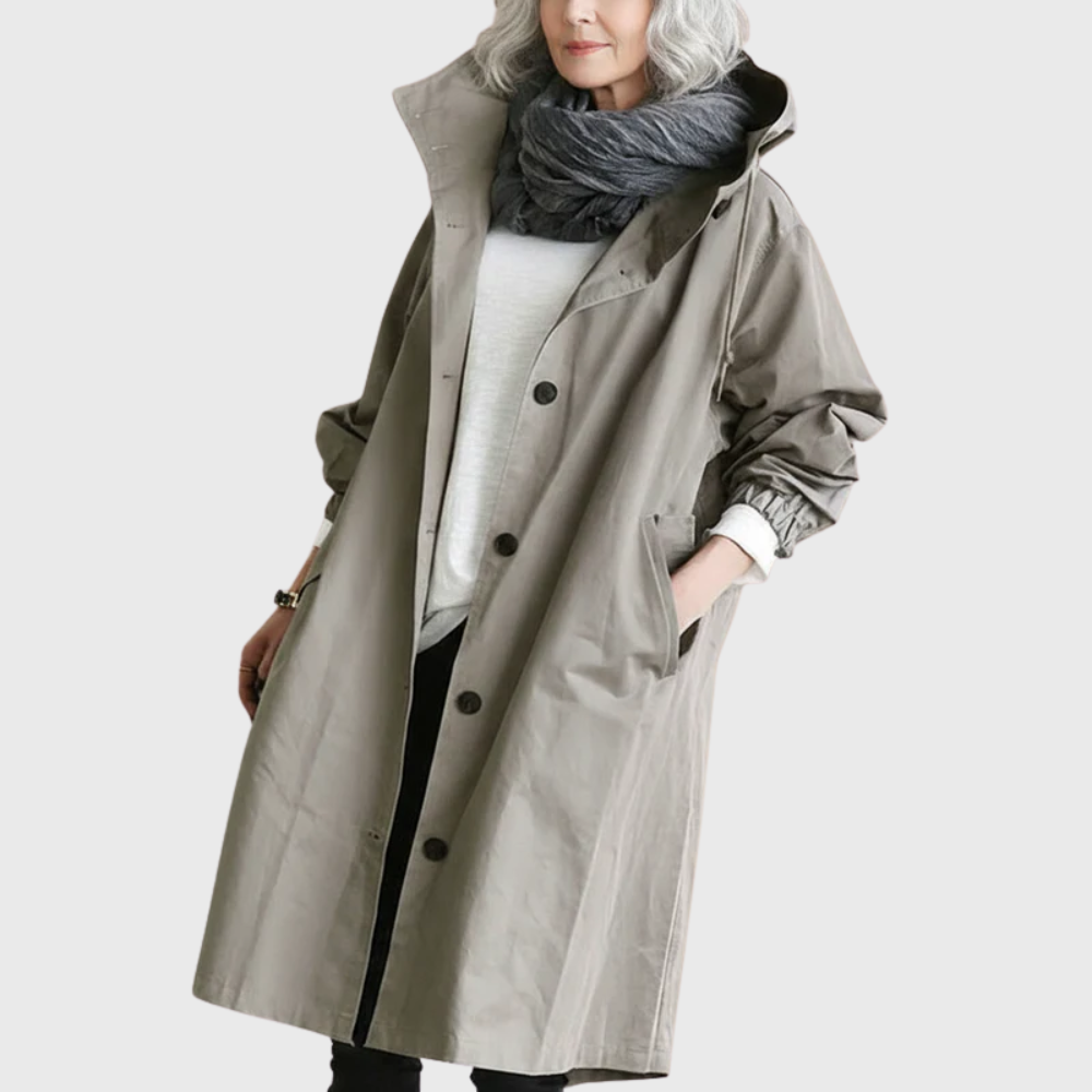 Zahara | Damen Trenchcoat Longline mit Kapuze - Langer Übergangsmantel mit Bindegürtel & Taschen