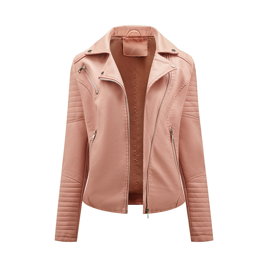 NOUVEAU RICHE Damen-Jacke Klassische PU Reißverschluss Reverskragen Rosa