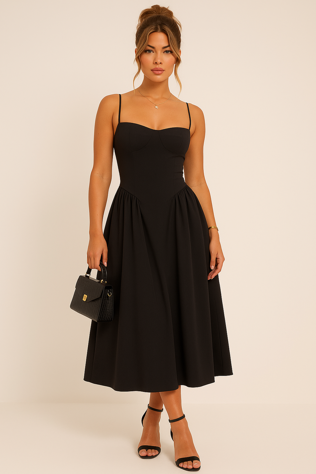 NOUVEAU RICHE Schwarzes Plissiertes Skater-Midaxi-Kleid Mit Herz-Ausschnitt Schwarz