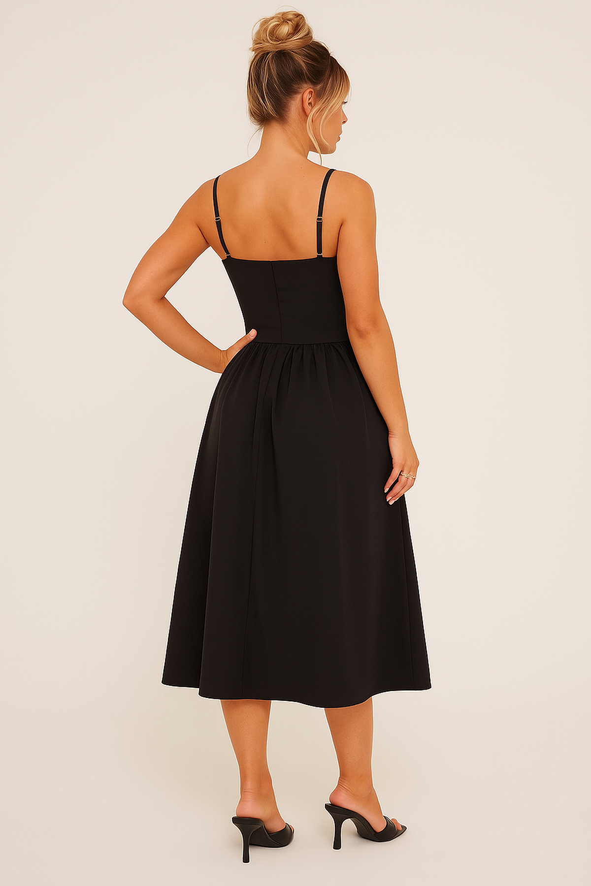 NOUVEAU RICHE Schwarzes Plissiertes Skater-Midaxi-Kleid Mit Herz-Ausschnitt