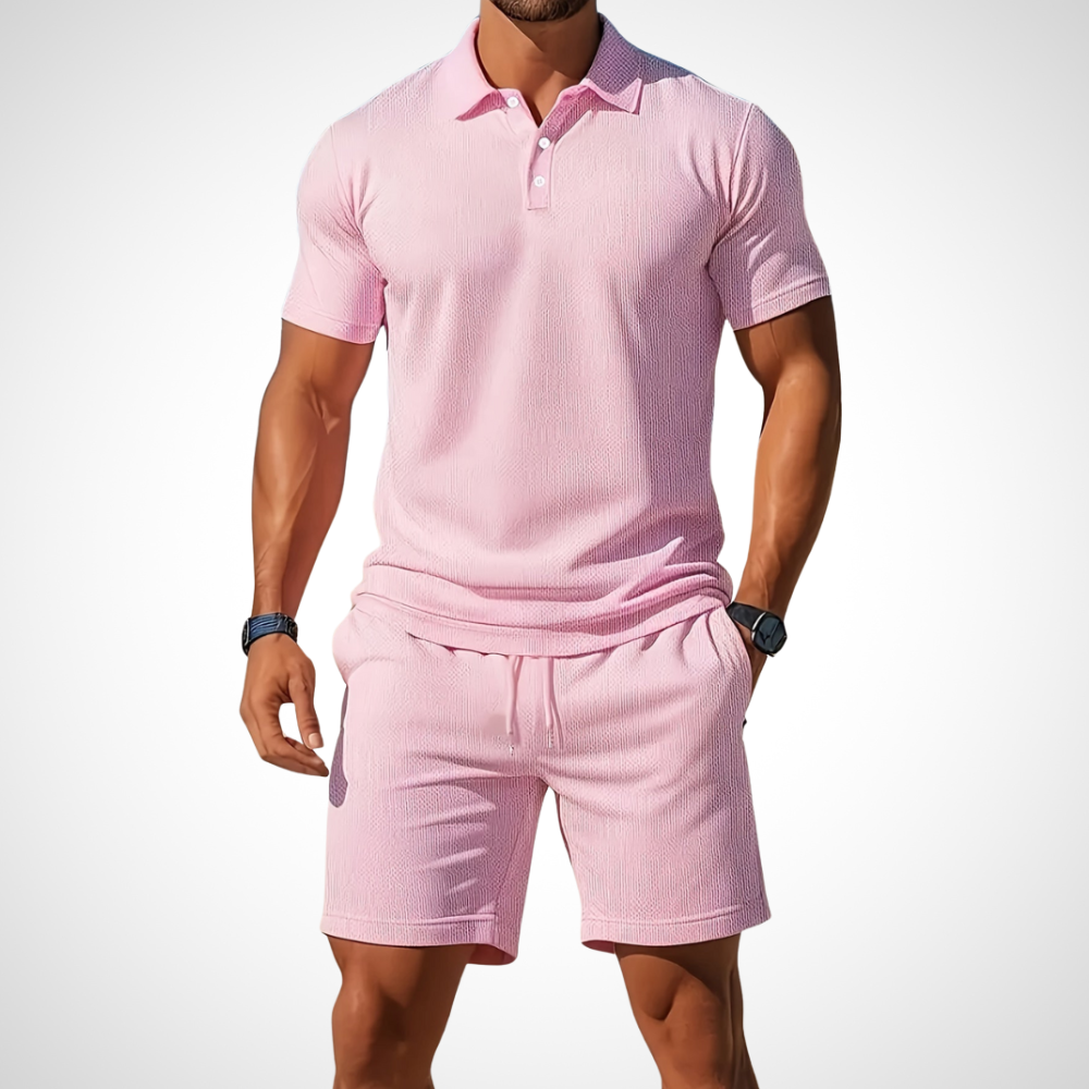 NOUVEAU RICHE Poloshirt Shorts Set Herren Baumwolle Größe L Sommerlook Hellrosa