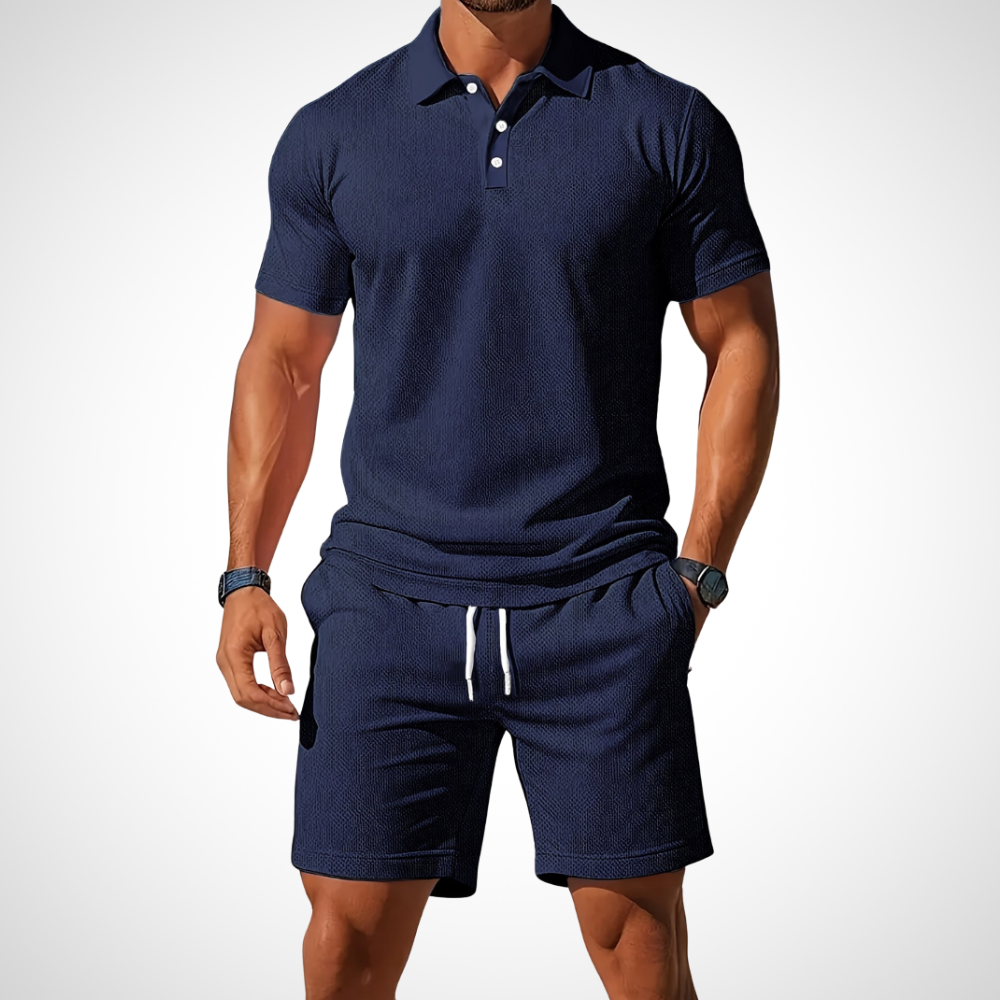 NOUVEAU RICHE Poloshirt Shorts Set Herren Baumwolle Größe L Sommerlook Marineblau