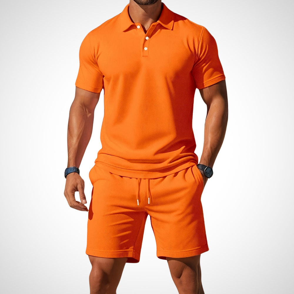 NOUVEAU RICHE Poloshirt Shorts Set Herren Baumwolle Größe L Sommerlook Orange