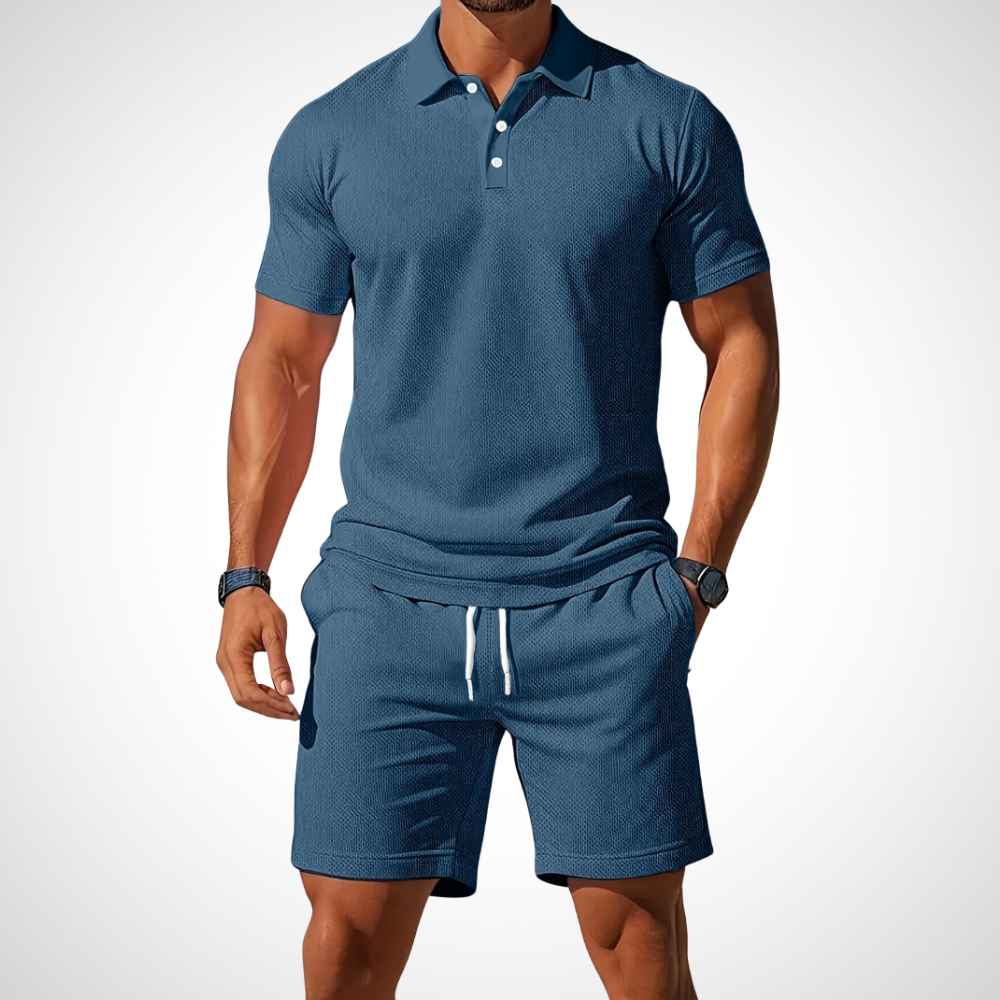NOUVEAU RICHE Poloshirt Shorts Set Herren Baumwolle Größe L Sommerlook Blau