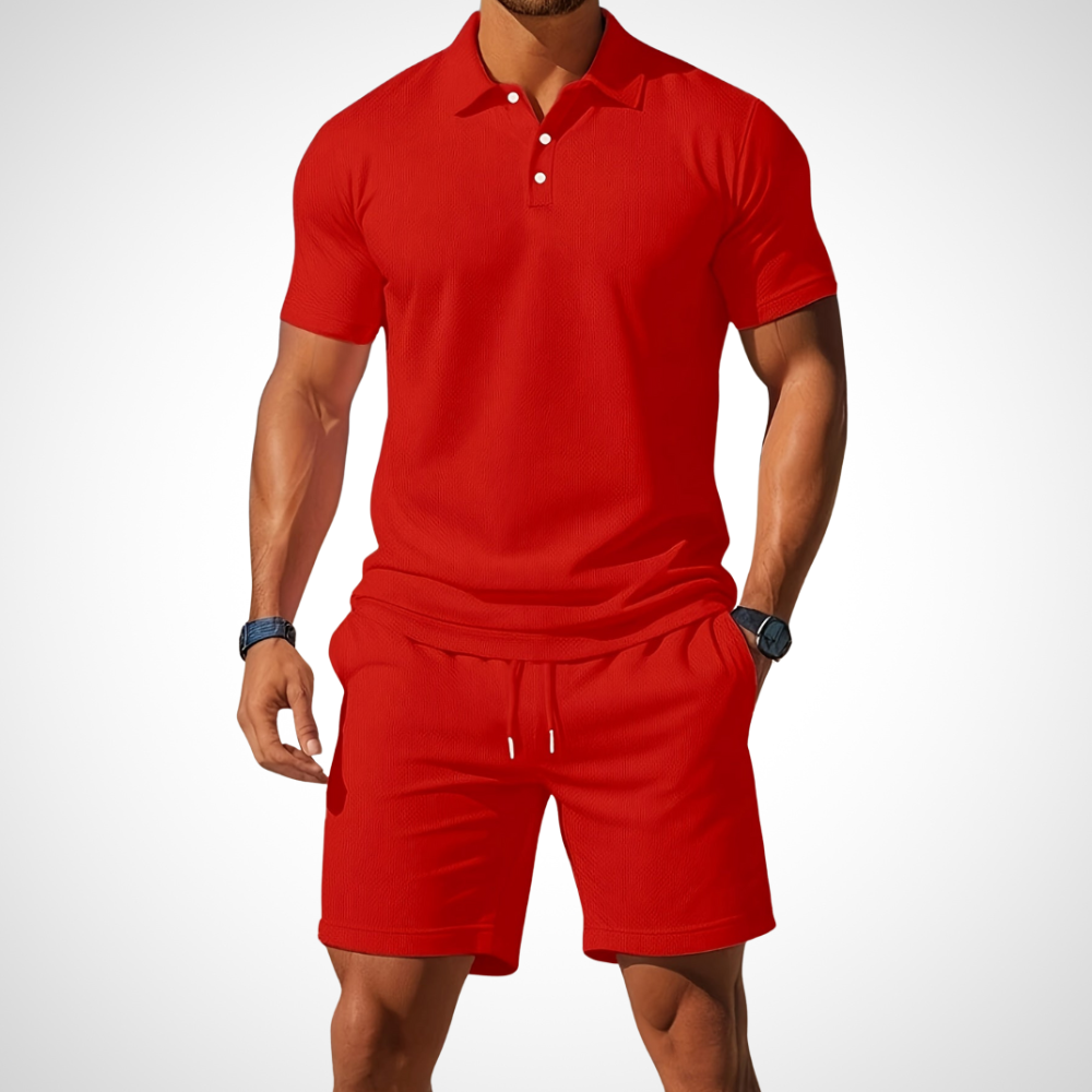 NOUVEAU RICHE Poloshirt Shorts Set Herren Baumwolle Größe L Sommerlook Rot