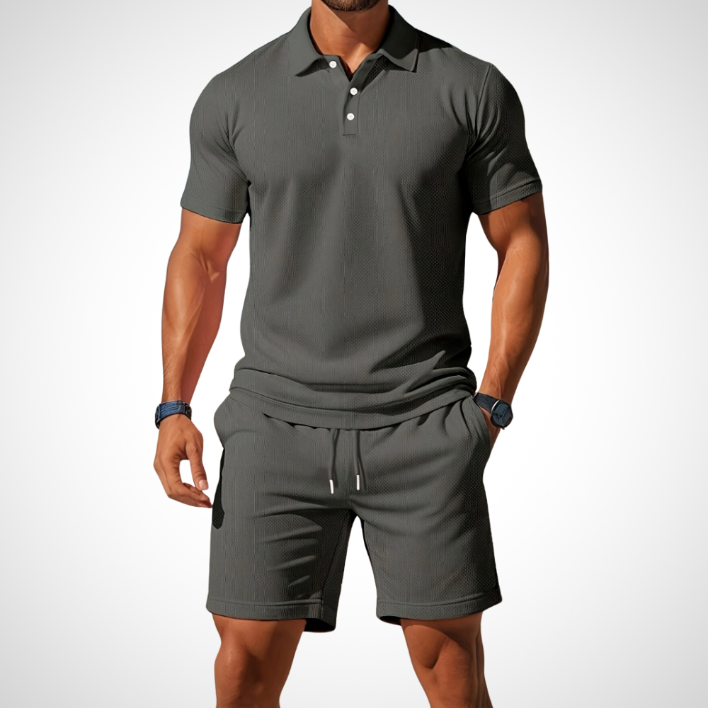 NOUVEAU RICHE Poloshirt Shorts Set Herren Baumwolle Größe L Sommerlook Dunkelgrau
