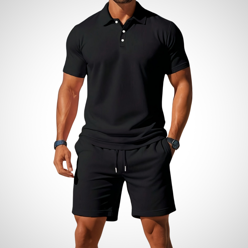 NOUVEAU RICHE Poloshirt Shorts Set Herren Baumwolle Größe L Sommerlook Schwarz