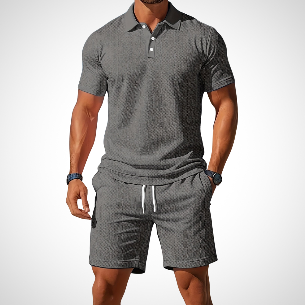 NOUVEAU RICHE Poloshirt Shorts Set Herren Baumwolle Größe L Sommerlook Hellgrau