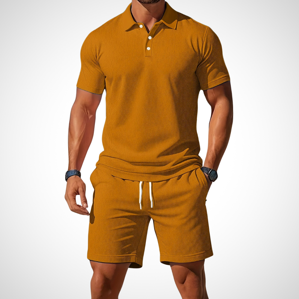 NOUVEAU RICHE Poloshirt Shorts Set Herren Baumwolle Größe L Sommerlook Khaki