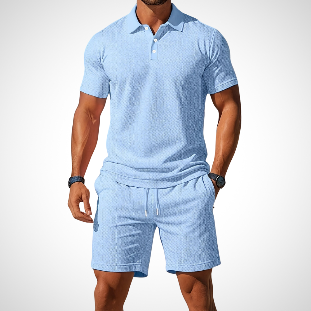 NOUVEAU RICHE Poloshirt Shorts Set Herren Baumwolle Größe L Sommerlook Hellblau