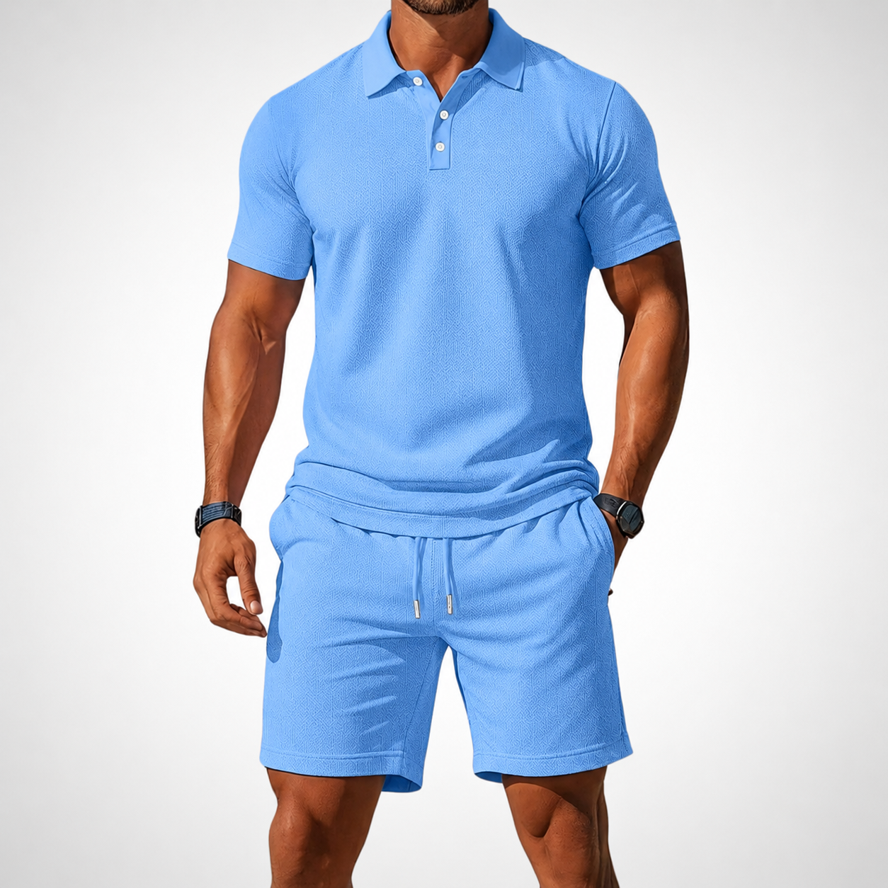 NOUVEAU RICHE Poloshirt Shorts Set Herren Baumwolle Größe L Sommerlook Hellblau