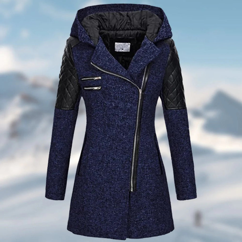 NOUVEAU RICHE Wintermantel Lang Warm Stilvoll Hochwertiger Stoff Bequem - Winterjacke - Wintermäntel Damen Blau