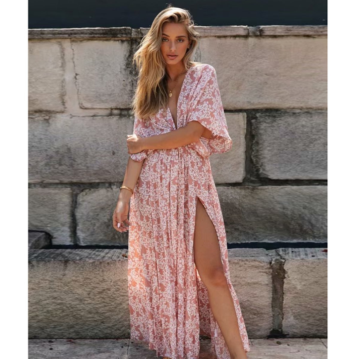 NOUVEAU RICHE Puderrosa Boho Kleid Mit Schlitz Für Sommer Luftig Leicht