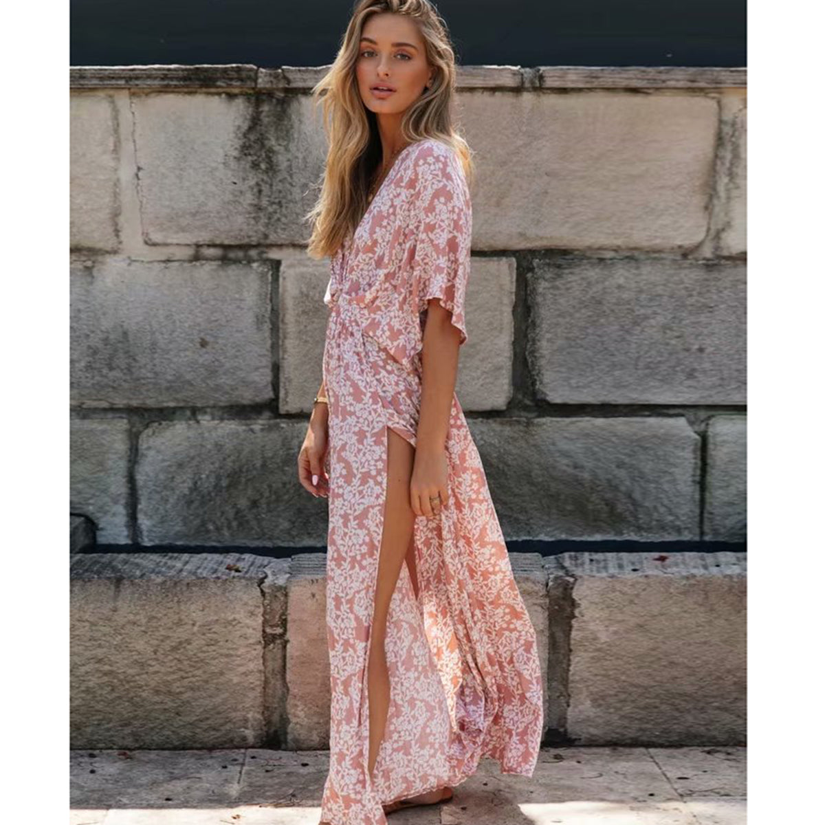 NOUVEAU RICHE Puderrosa Boho Kleid Mit Schlitz Für Sommer Luftig Leicht