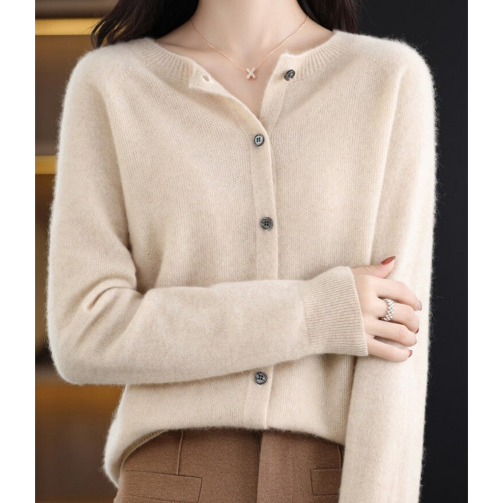 NOUVEAU RICHE Pullover Damen Rundhals Cardigan Mit Knöpfen Weicher Stoff Khaki