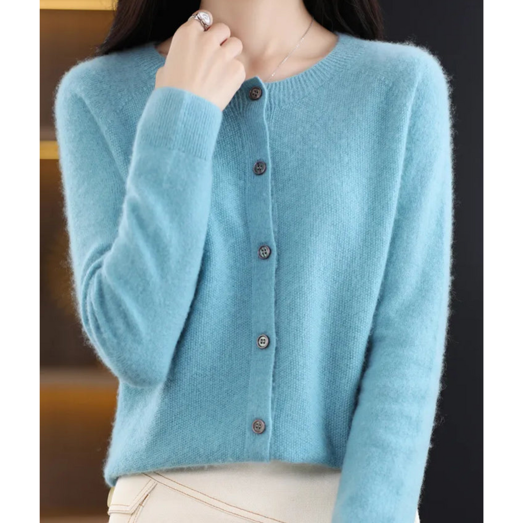 NOUVEAU RICHE Pullover Damen Rundhals Cardigan Mit Knöpfen Weicher Stoff Helles Blau