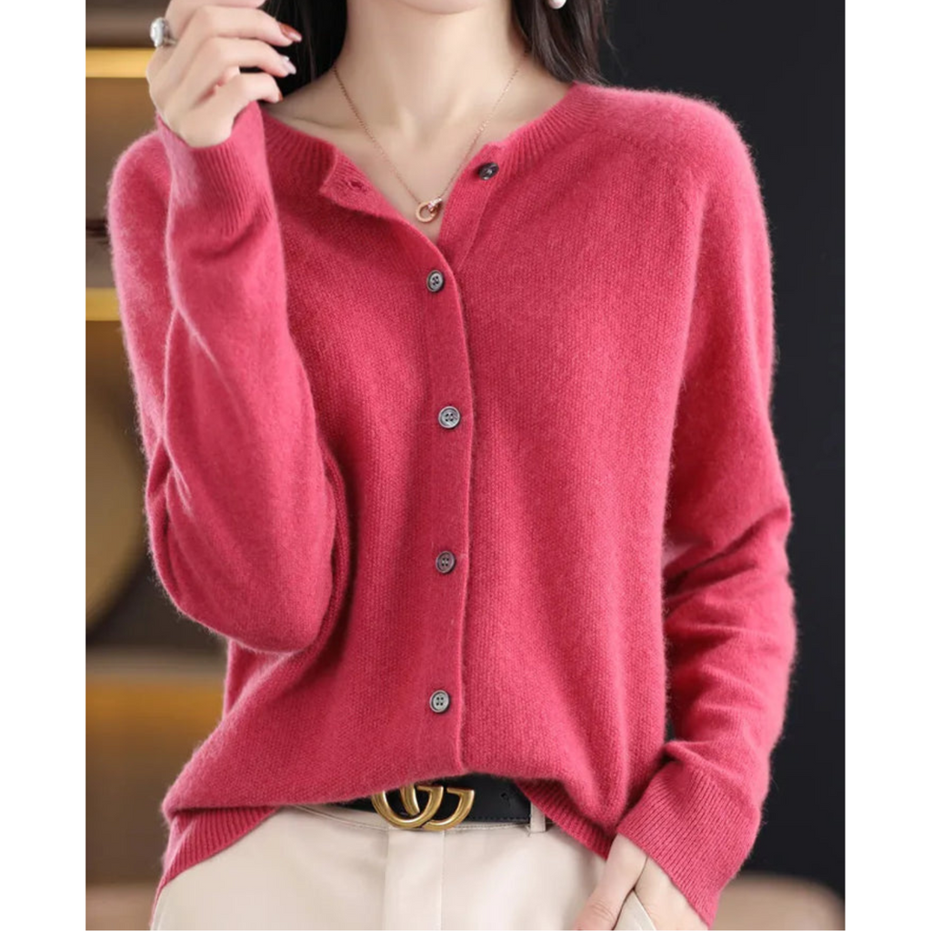 NOUVEAU RICHE Pullover Damen Rundhals Cardigan Mit Knöpfen Weicher Stoff dunkelrosa