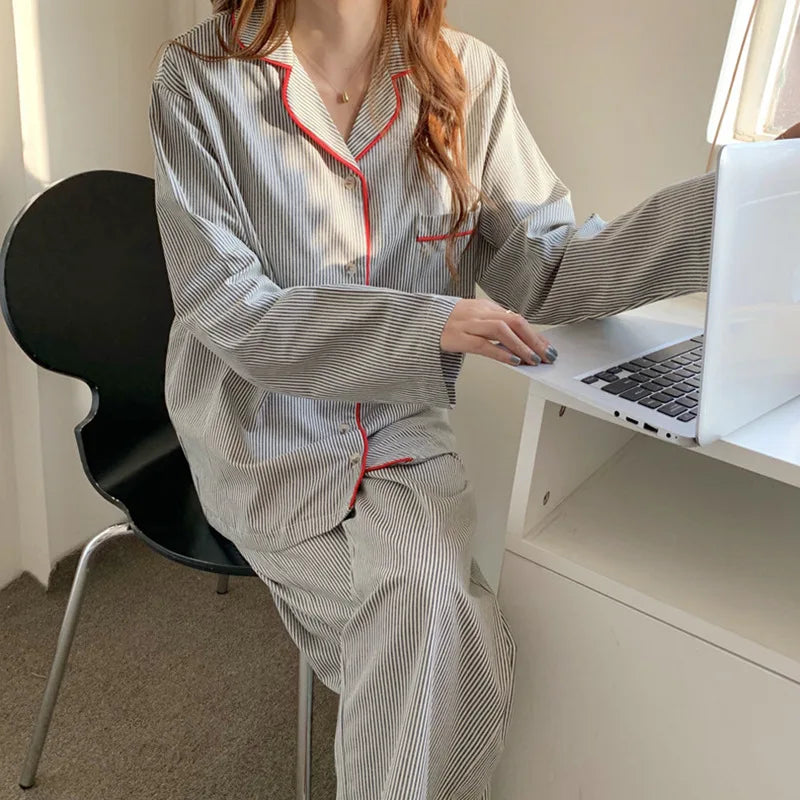 Pyjama Damen Zweiteilig Mit Knopfleiste | Streifen 0