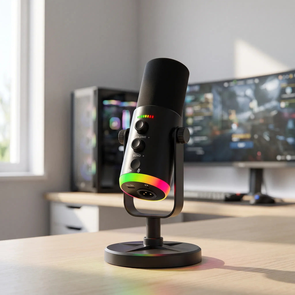 NOUVEAU RICHE RGB Dynamisches Gaming-Mikrofon – USB-C & XLR Tischmikrofon für Streaming & Podcast mit Echo, Monitoring – AuraMic