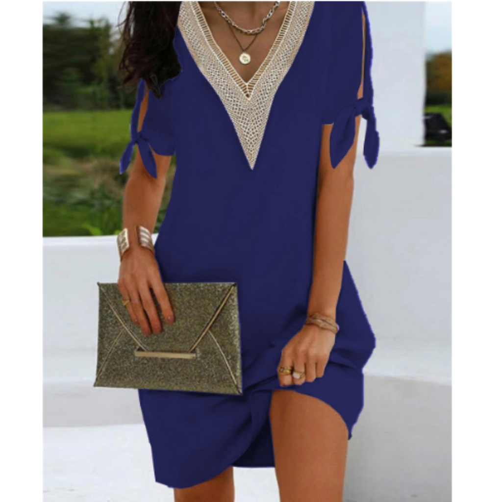NOUVEAU RICHE Dôre | Damen Sommerkleid – Boho-Stil, V-Ausschnitt & Kurze Ärmel Blau