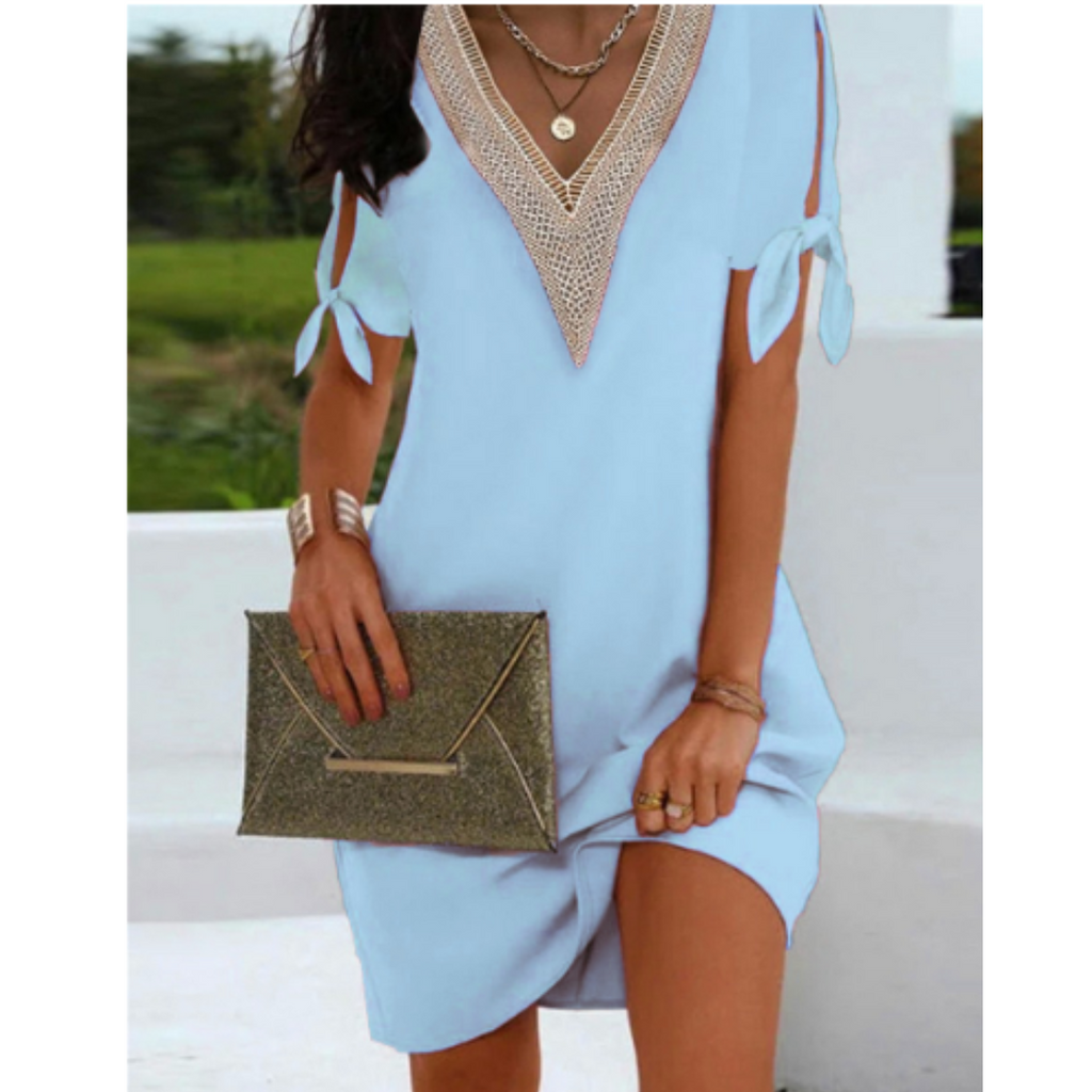 NOUVEAU RICHE Dôre | Damen Sommerkleid – Boho-Stil, V-Ausschnitt & Kurze Ärmel HellBlau