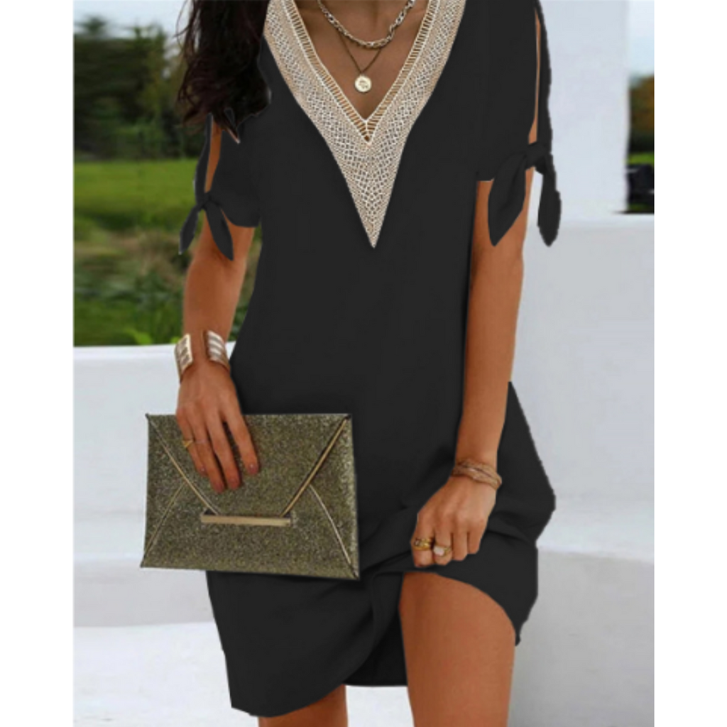 NOUVEAU RICHE Dôre | Damen Sommerkleid – Boho-Stil, V-Ausschnitt & Kurze Ärmel Schwarz
