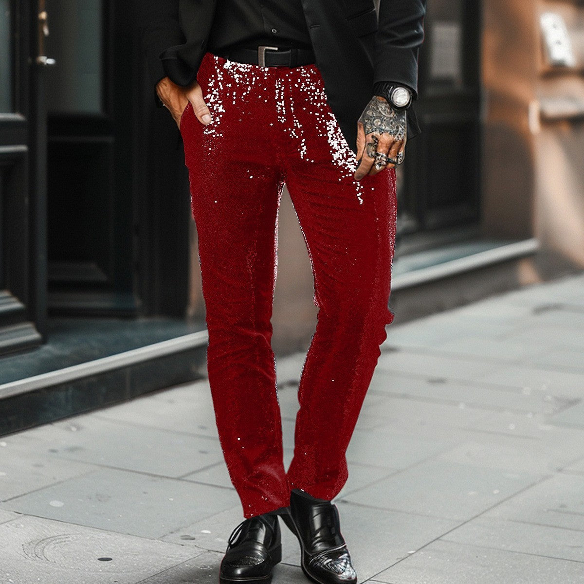 NOUVEAU RICHE Calvin | Stylische Herren Paillettenhose Rot