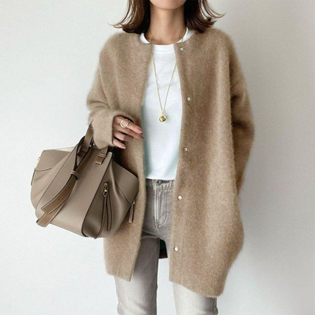 NOUVEAU RICHE Elegante Damen Strickjacke Langarm Tailliert Warm Komfort Khaki (Fast ausverkauft)