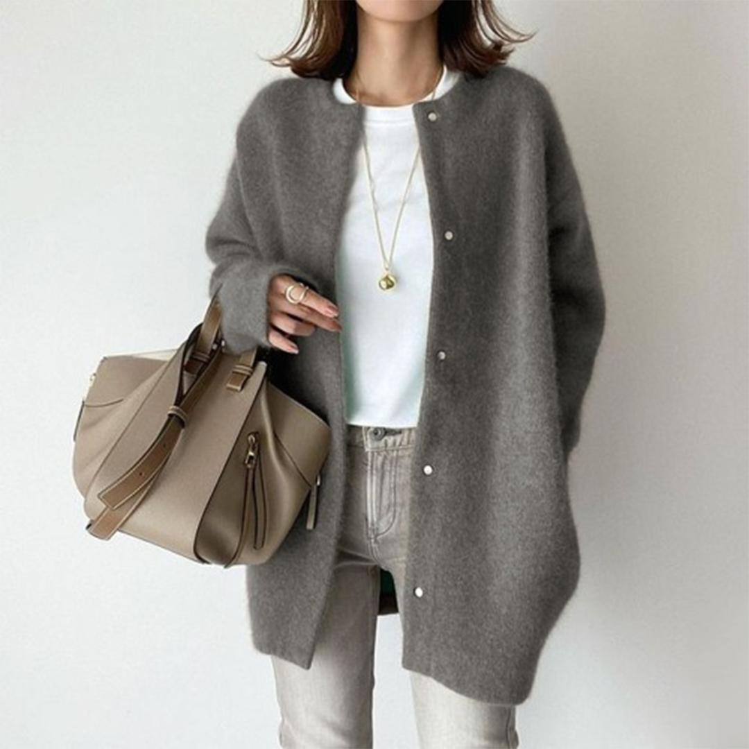 NOUVEAU RICHE Elegante Damen Strickjacke Langarm Tailliert Warm Komfort Grau