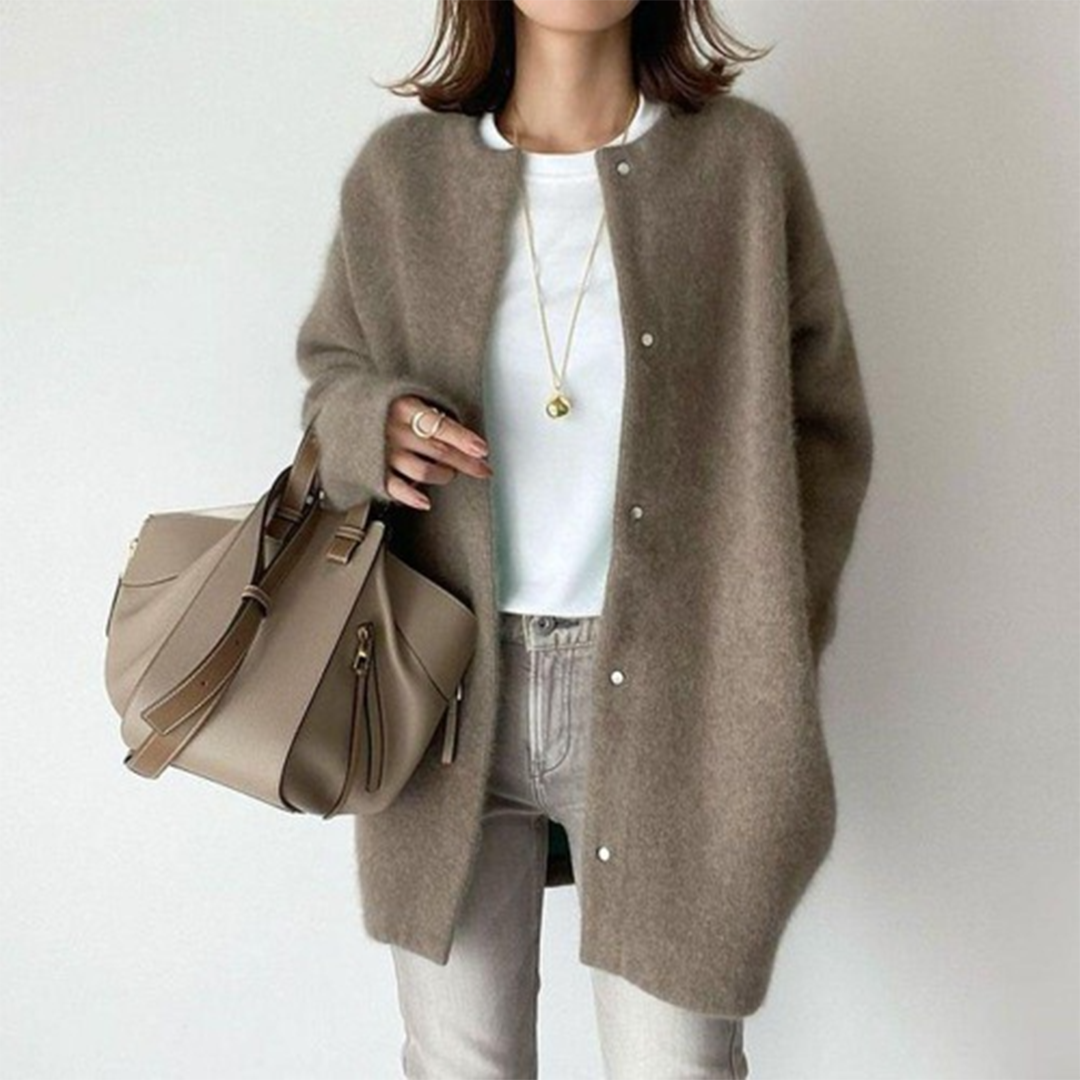 NOUVEAU RICHE Elegante Damen Strickjacke Langarm Tailliert Warm Komfort Kaffee