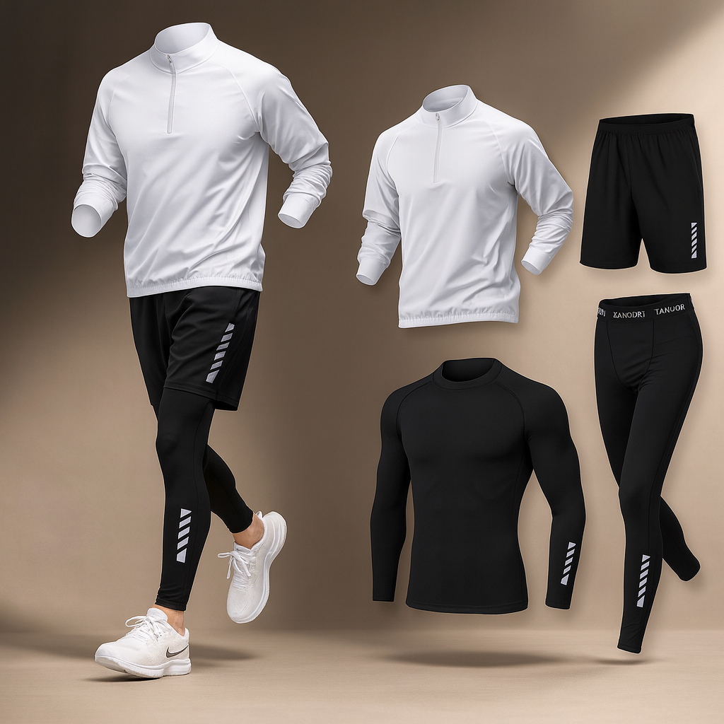 NOUVEAU RICHE Trainingsset 4-teilig – Kompressions Sportanzug mit Half-Zip Top, Fitness Set Atmungsaktiv mit Reflektoren – Luna Weiß