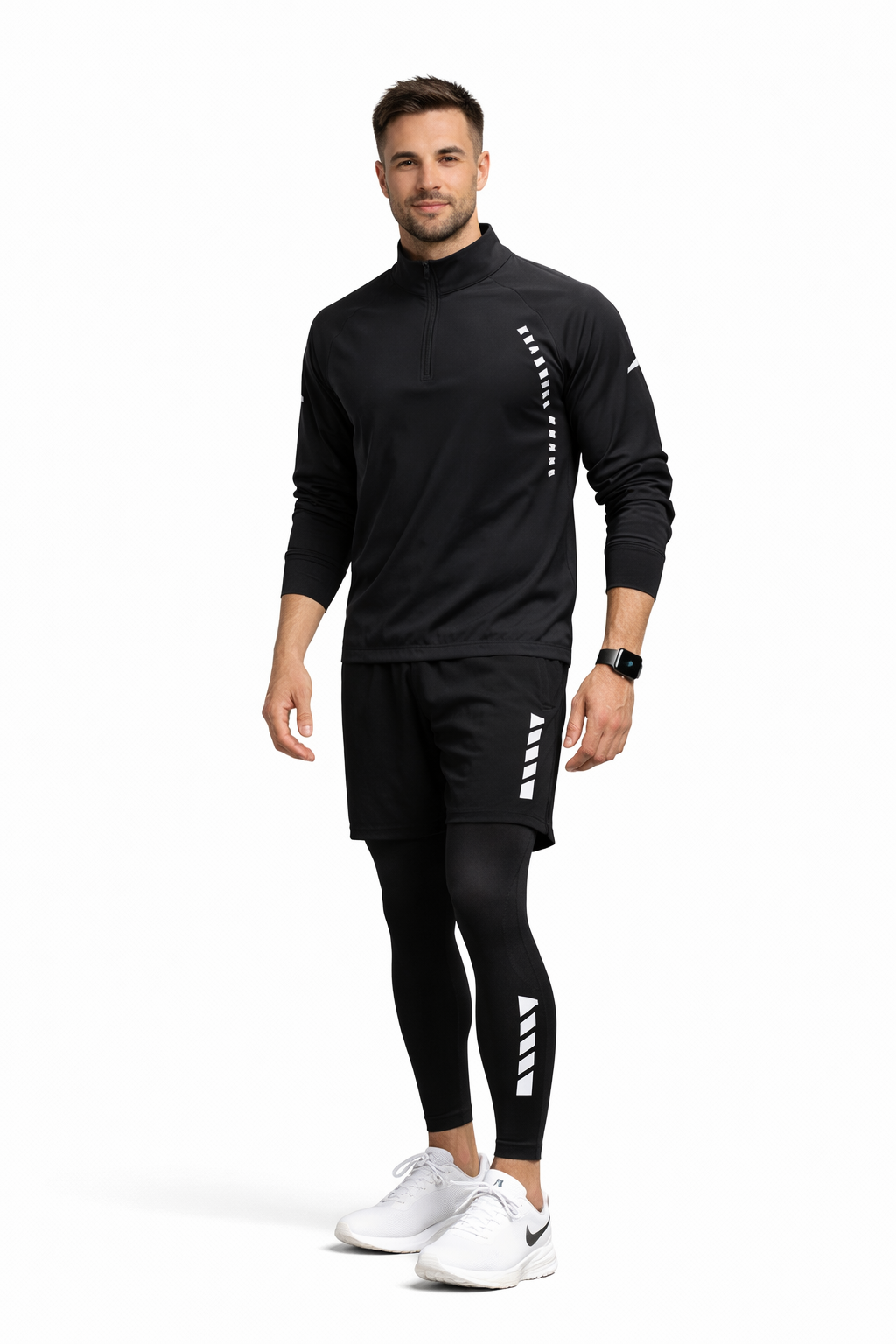 NOUVEAU RICHE Trainingsset 4-teilig – Kompressions Sportanzug mit Half-Zip Top, Fitness Set Atmungsaktiv mit Reflektoren – Luna