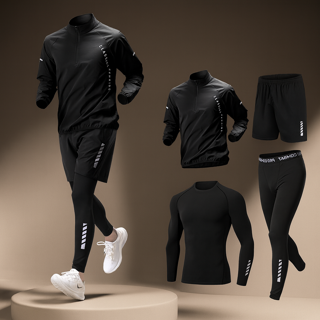 NOUVEAU RICHE Trainingsset 4-teilig – Kompressions Sportanzug mit Half-Zip Top, Fitness Set Atmungsaktiv mit Reflektoren – Luna Schwarz
