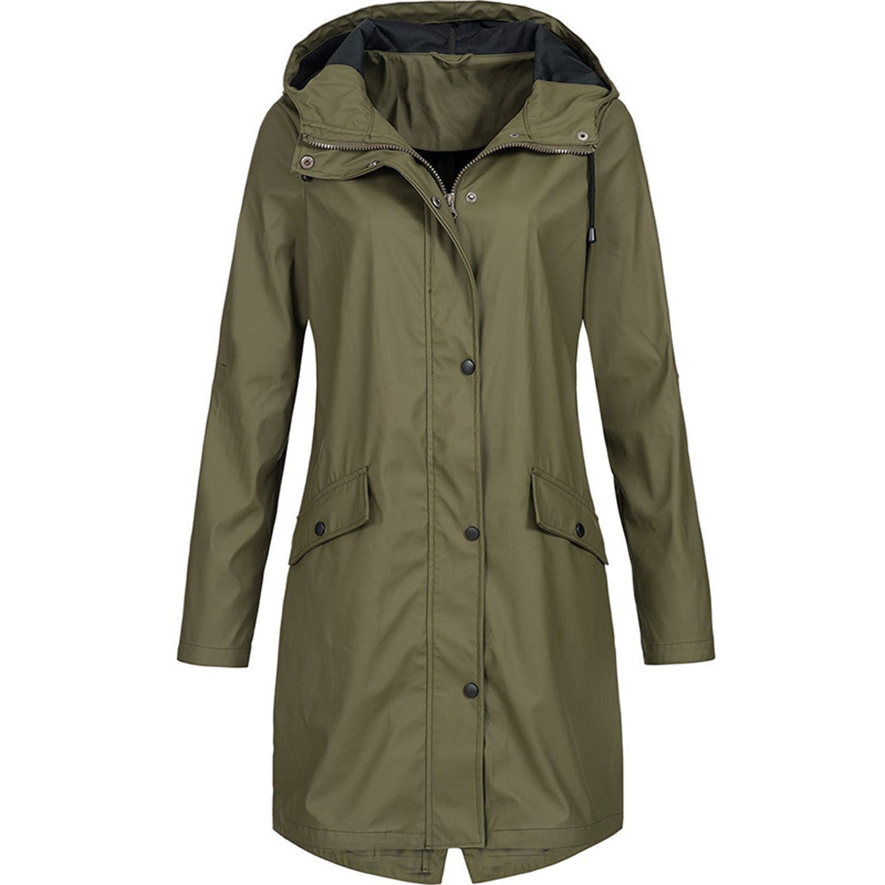 NOUVEAU RICHE Damen Regenjacke Mit Kapuze Und Taschen Lang Praktische Details Dunkelgrun