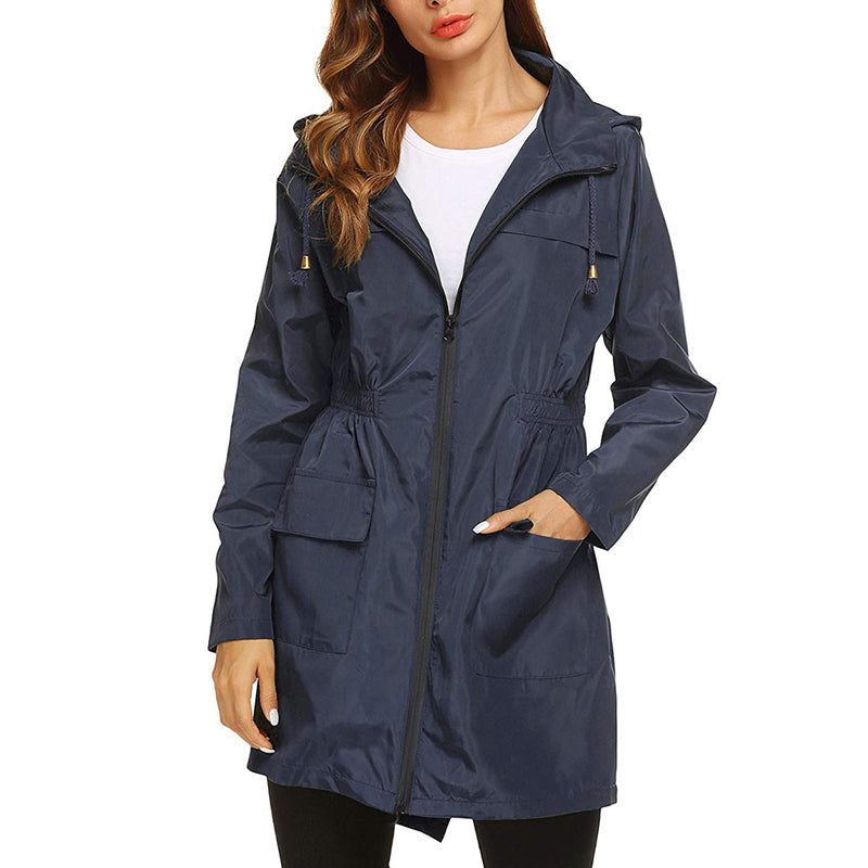 NOUVEAU RICHE Damen Regenjacke Lang mit Kapuze – Wetterfest & Funktional Marineblau