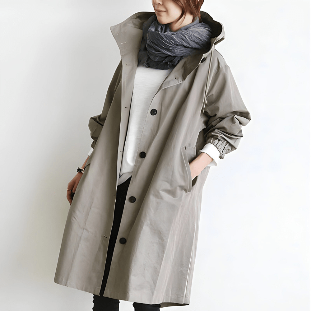 NOUVEAU RICHE Damen Regenjacke Trenchcoat Mit Kapuze Lang Eleganz Schutz Grau