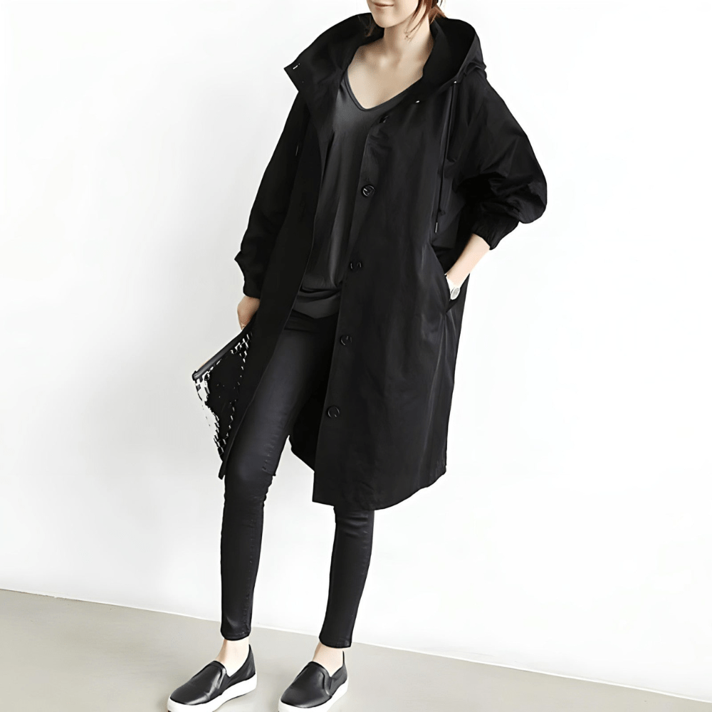 NOUVEAU RICHE Damen Regenjacke Trenchcoat Mit Kapuze Lang Eleganz Schutz Schwarz