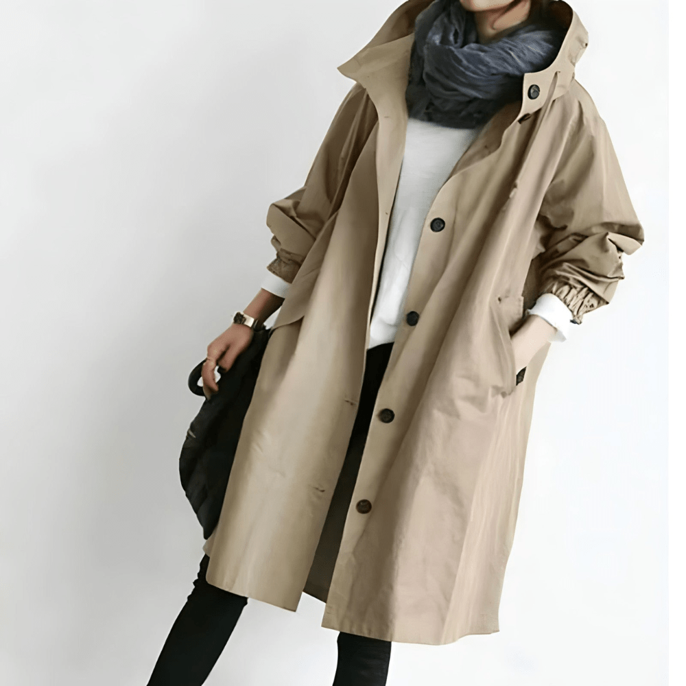 NOUVEAU RICHE Damen Regenjacke Trenchcoat Mit Kapuze Lang Eleganz Schutz Khaki