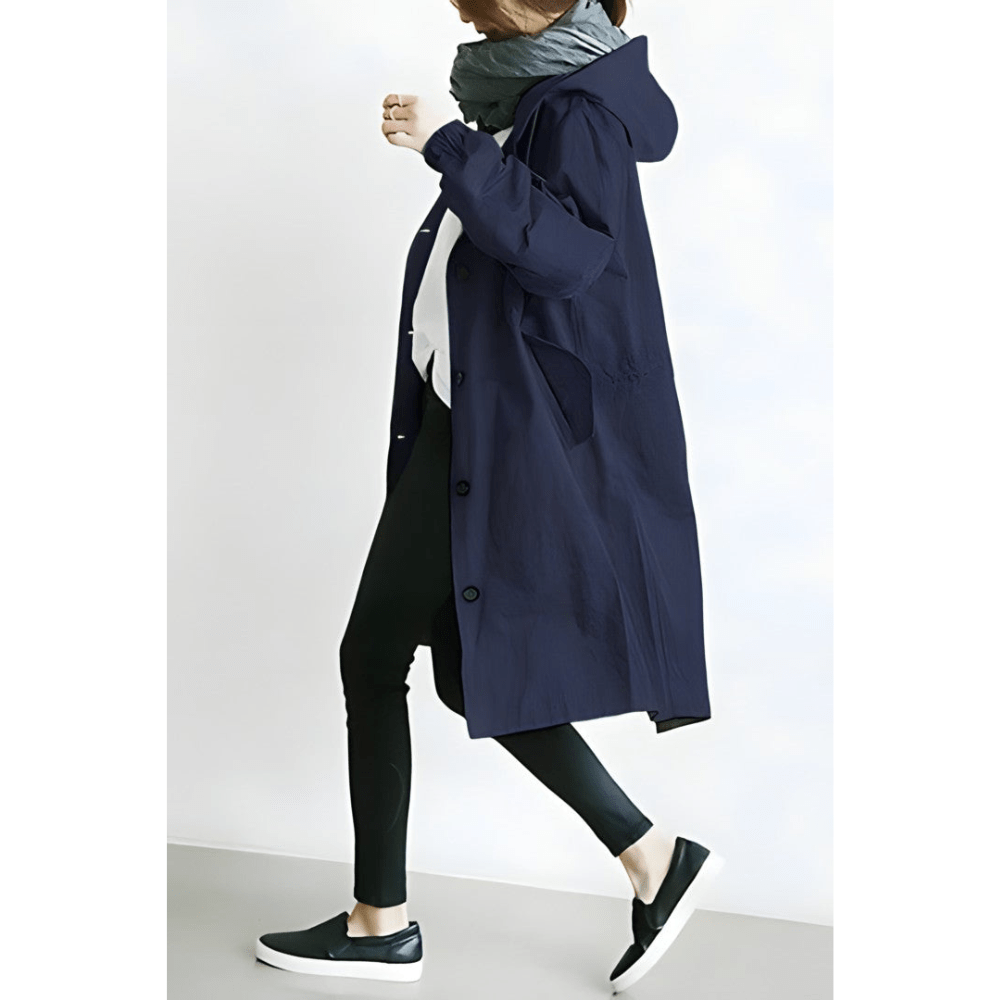 NOUVEAU RICHE Damen Regenjacke Trenchcoat Mit Kapuze Lang Eleganz Schutz Marineblau