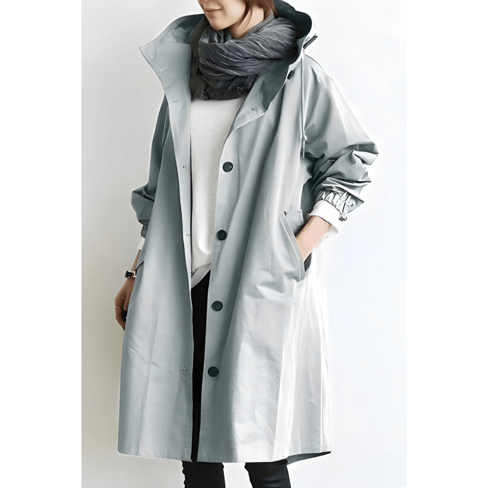 NOUVEAU RICHE Damen Regenjacke Trenchcoat Mit Kapuze Lang Eleganz Schutz Hellblau